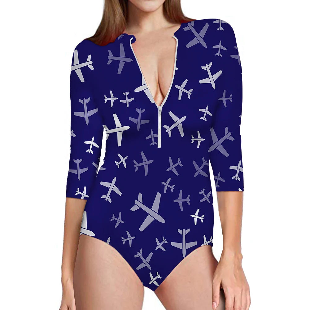 Different Sizes aviation design on stretch swim fabric deep-V swim bodysuit.