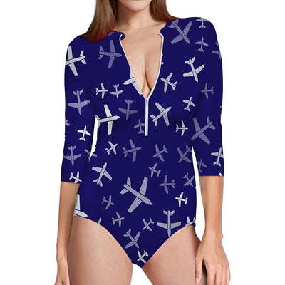 Different Sizes aviation design on stretch swim fabric deep-V swim bodysuit.