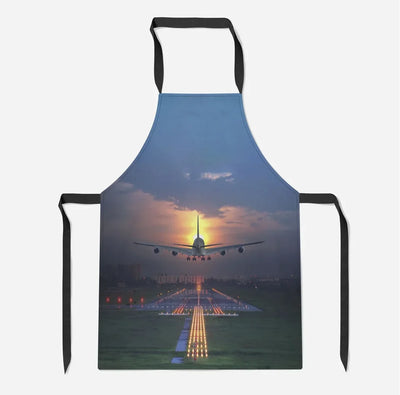 Super Airbus A380 Landing During Sunset aviation design on durable cotton blend kitchen apron.