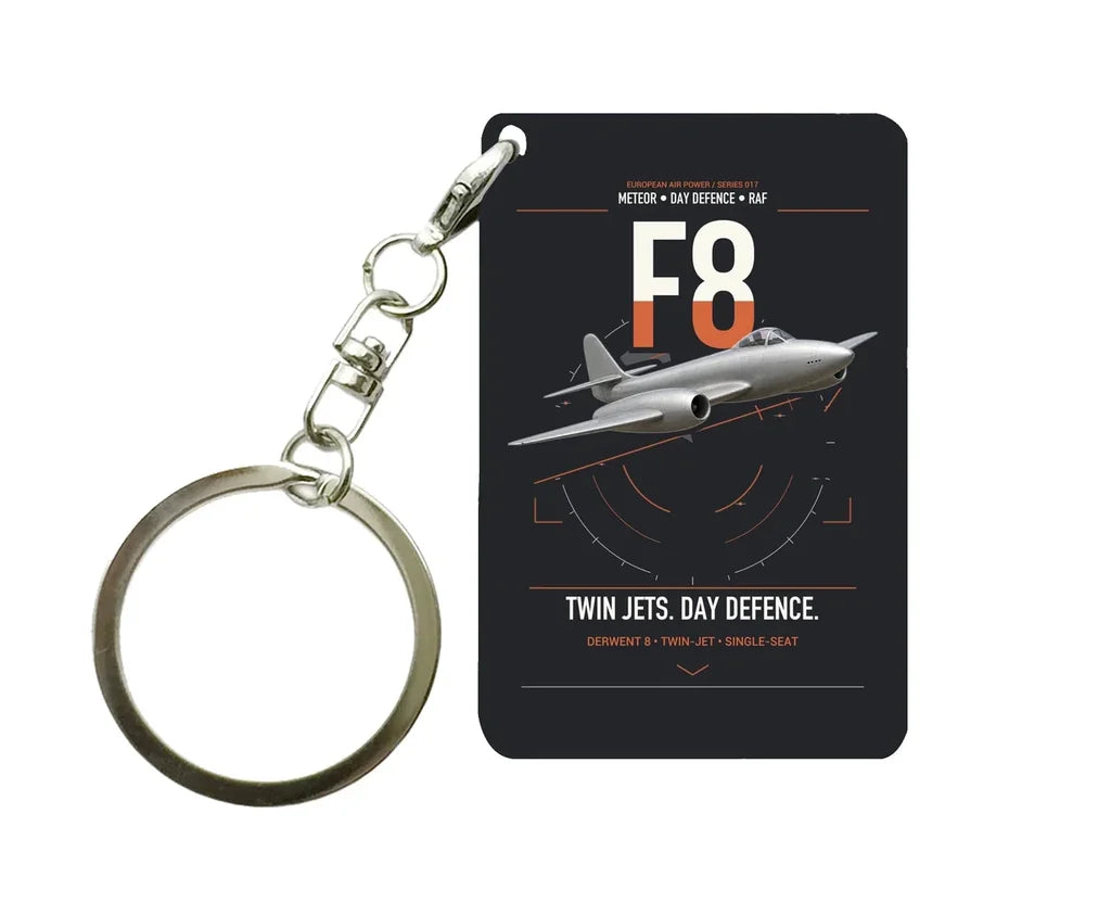 Gloster Meteor F8 design on black designed key chain, double-side print