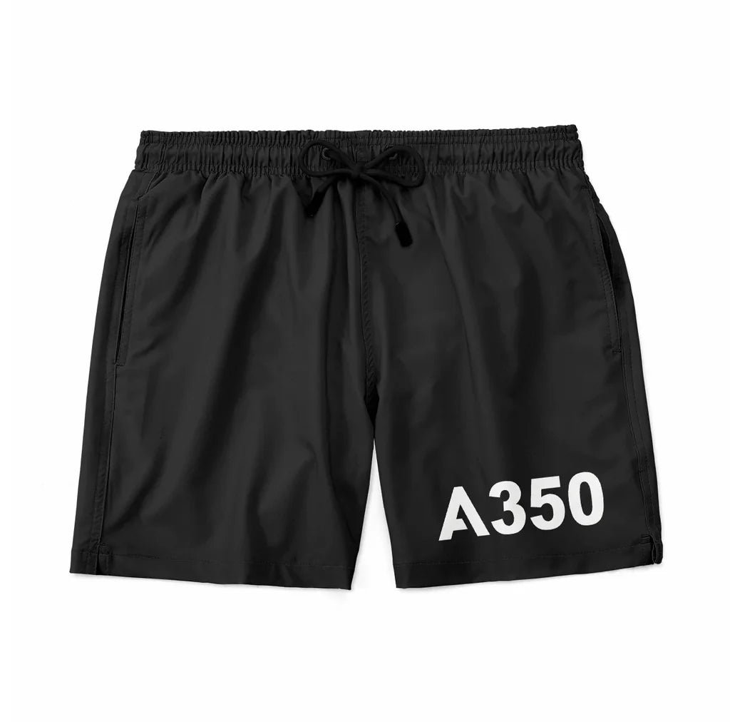 Airbus A350 Flat Text aviation design on quick-dry polyester swim trunks.
