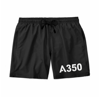 Airbus A350 Flat Text aviation design on quick-dry polyester swim trunks.