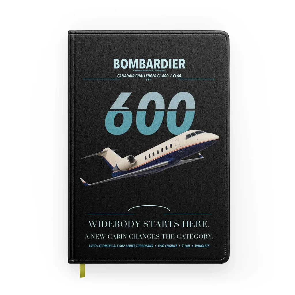 Bombardier Challenger 600 design on black notebook