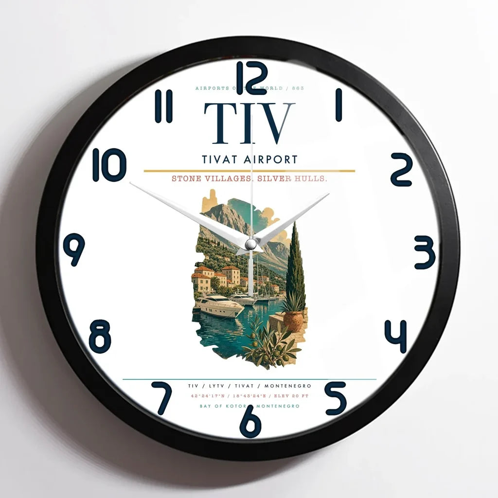 Tivat Airport (TIV) design on white framed wall clock