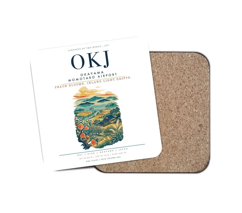 Okayama Momotaro Airport (OKJ) design on white 1 piece coaster
