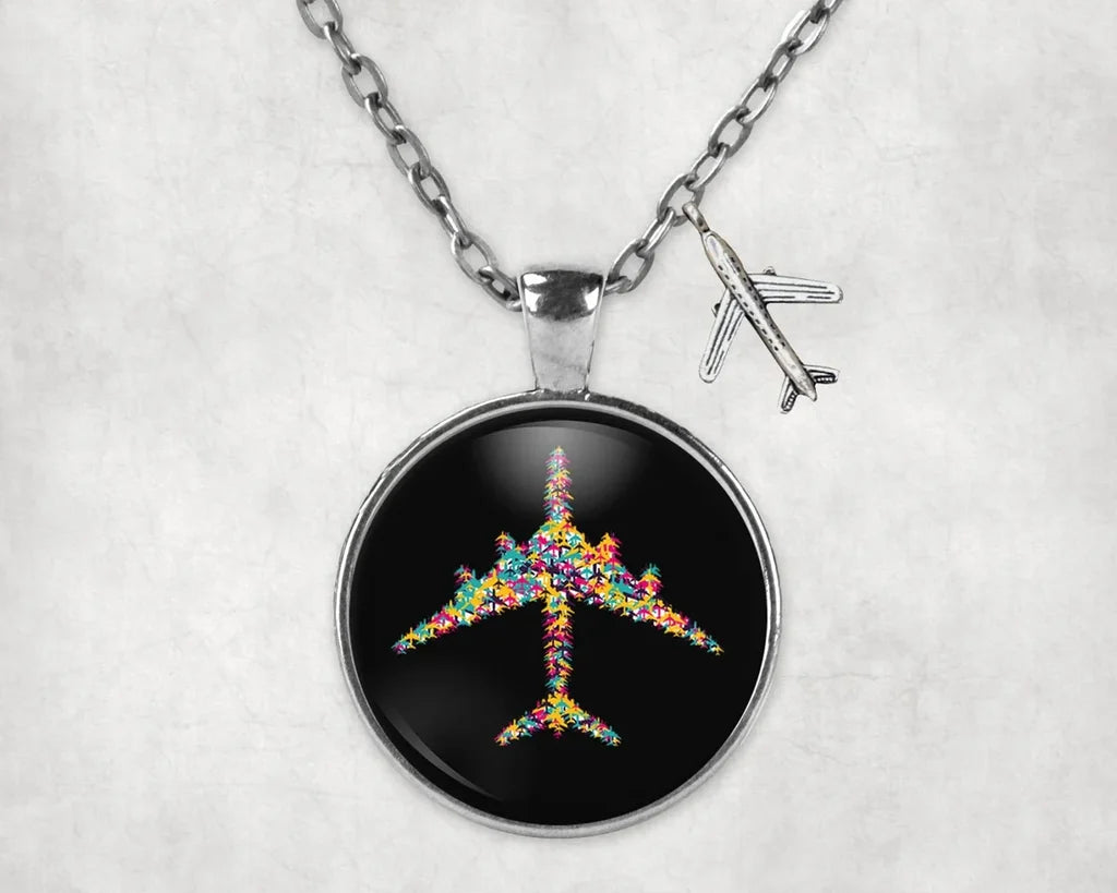 Side view of Colourful Airplane aviation necklace in stainless steel, polished finish.