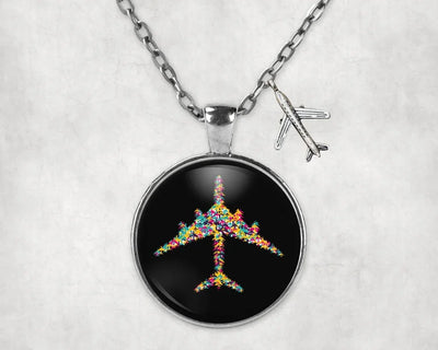 Side view of Colourful Airplane aviation necklace in stainless steel, polished finish.