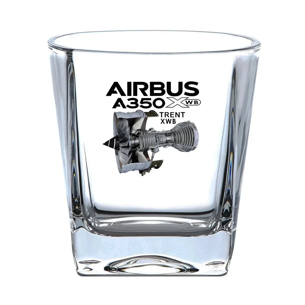 Airbus A350 & Trent Wxb Engine aviation design on whiskey glass, crystal-clear premium glassware.
