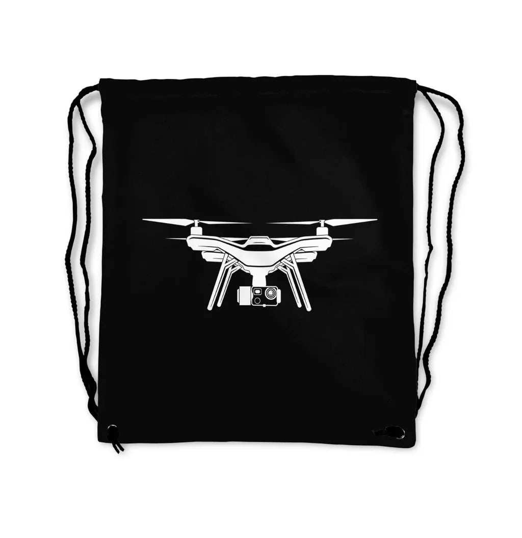 Drone Silhouette aviation design drawstring bag, lightweight polyester construction.
