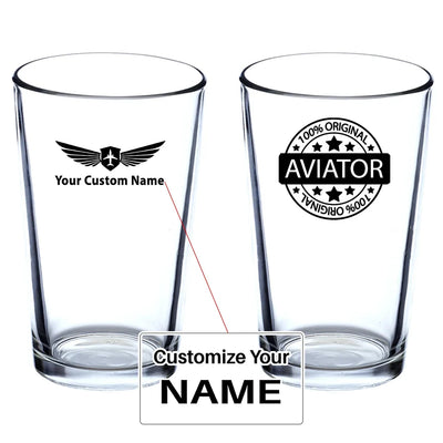 %100 Original Aviator Beer & aviation design on beer water glass, versatile drinkware.