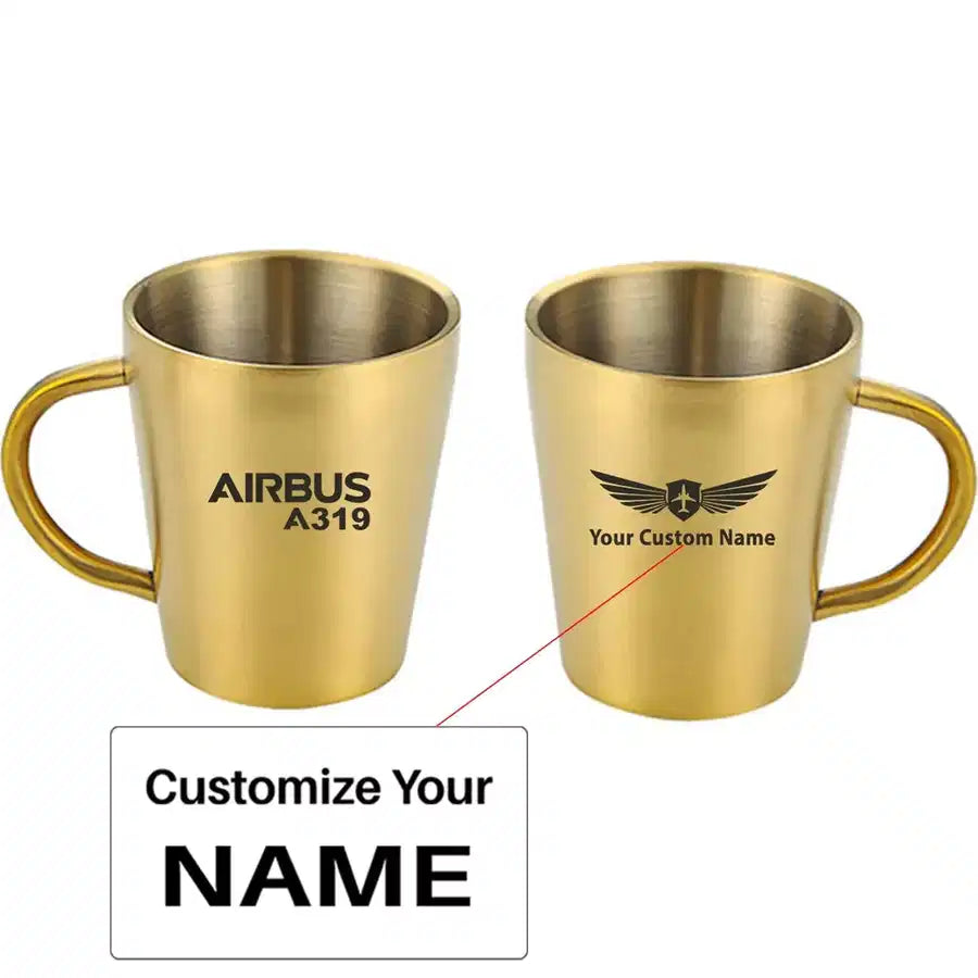 Airbus A319 & Text aviation design on stainless coffee mug, durable stainless steel construction.
