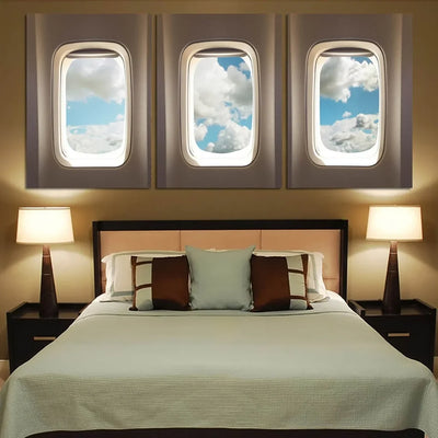 Airplane Windows & Clouds Printed Canvas Posters (3 Pieces) aviation art 3-piece canvas print in premium canvas with wood fra.