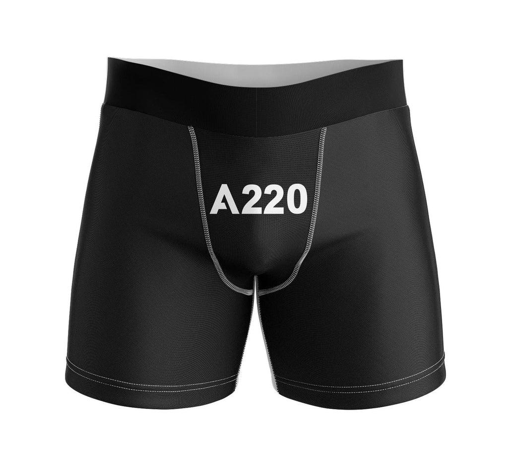 Airbus A220 Flat Text aviation design on soft cotton blend men's boxers.