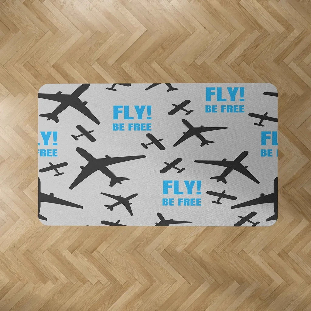 Fly Be Free (Gray) aviation design on durable carpet pile with non-slip backing rectangle carpet floor mat.