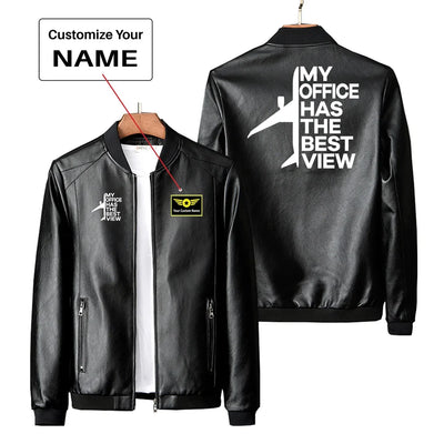 My Office Has The Best View PU aviation design printed on genuine leather with quilted lining leather jacket.