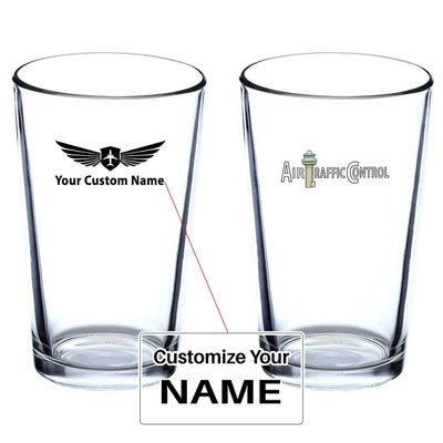 Air Traffic Control Beer & aviation design on beer water glass, versatile drinkware.