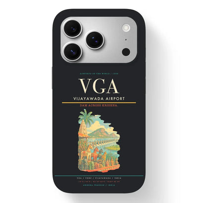 Vijayawada Airport (VGA) design on black iPhone 17 Pro MagSafe case