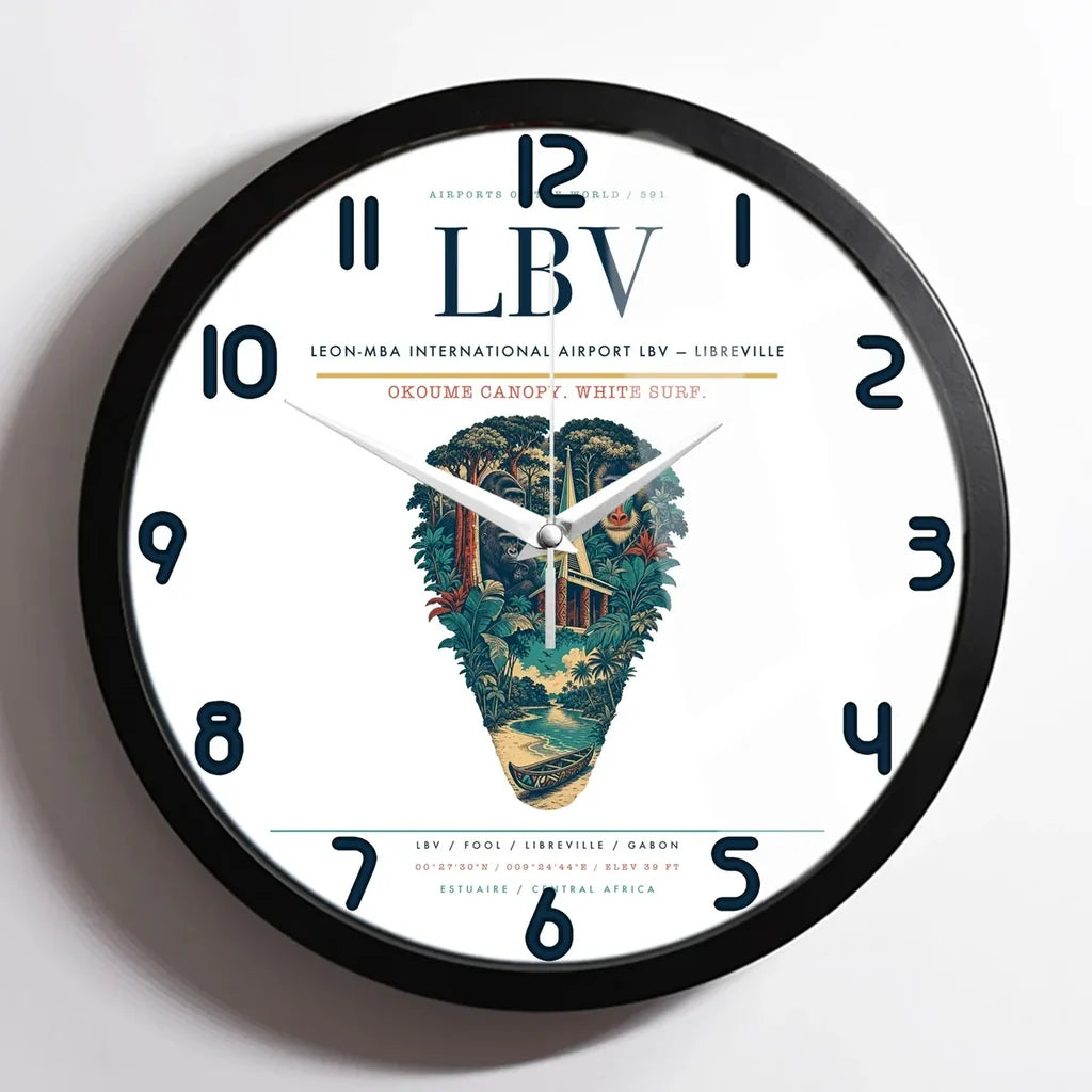 Leon-Mba International Airport (LBV) design on white framed wall clock