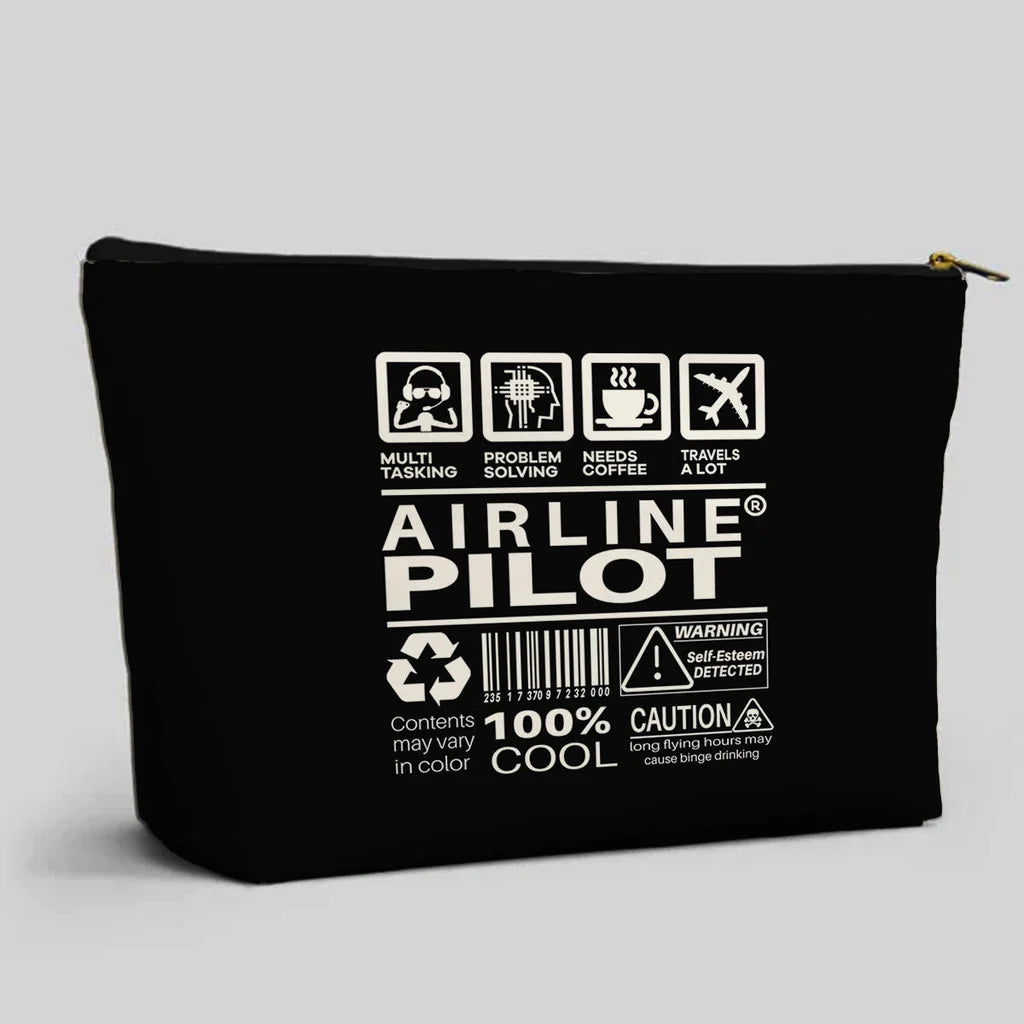Airline Pilot Label aviation print zipper pouch, durable polyester.