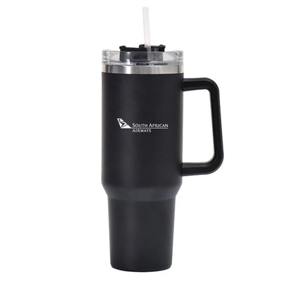 South African Airways 40oz Stainless Steel Car Mug With Holder aviation design on 40oz car mug, 40oz vacuum-insulated.