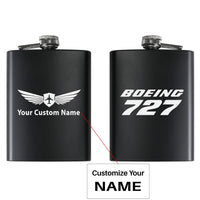 Thumbnail for Boeing 727 & Text aviation design on stainless hip flask, compact pocket-size flask.