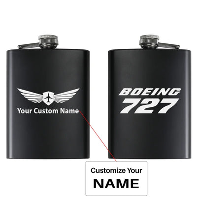 Boeing 727 & Text aviation design on stainless hip flask, compact pocket-size flask.