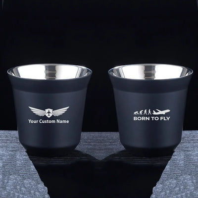 Born To Fly aviation design on double-wall coffee mug, vacuum-insulated double-wall.