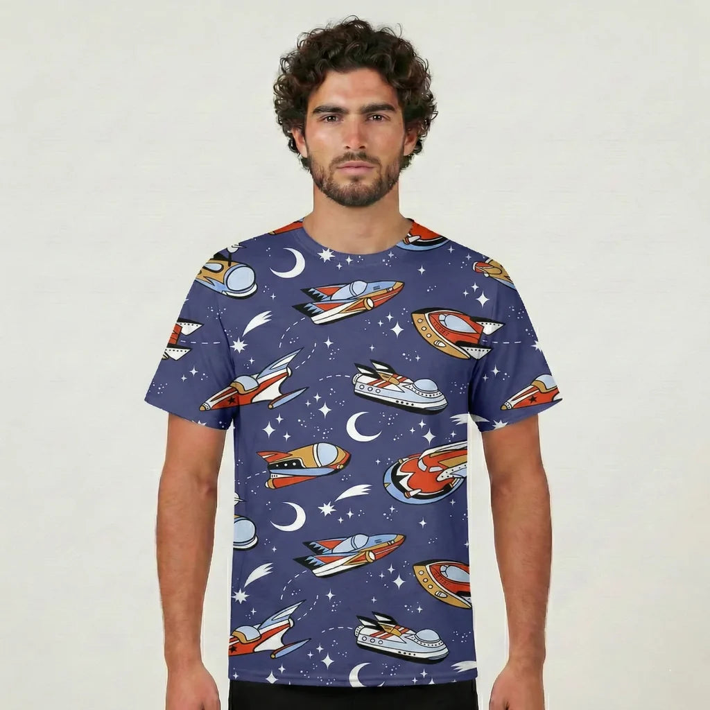 Spaceship & Stars aviation design printed on soft cotton 3D-print T-shirt.