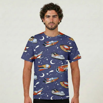 Spaceship & Stars aviation design printed on soft cotton 3D-print T-shirt.
