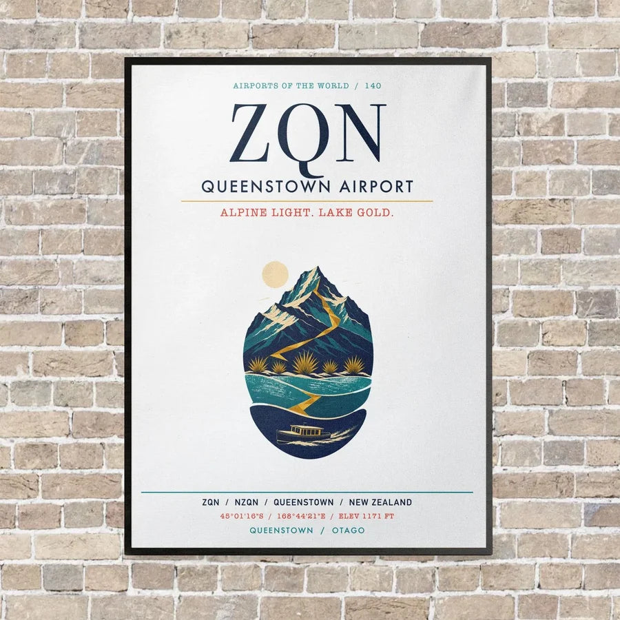 Queenstown Airport ZQN vertical canvas print - framed - white background