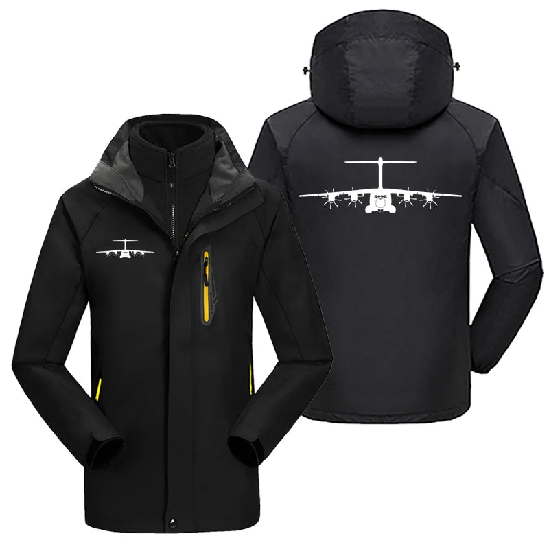 Airbus A400M Silhouette aviation design printed on heavyweight insulated shell with snow cuffs thick ski jacket.