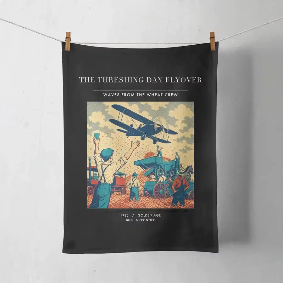 VINTAGE G4389 - The Threshing Day Flyover - Designed Towels design on black