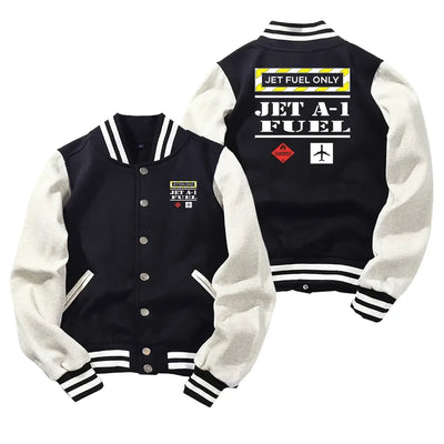Jet Fuel Only Baseball Style aviation design printed on two-tone shell with ribbed cuffs baseball jacket.