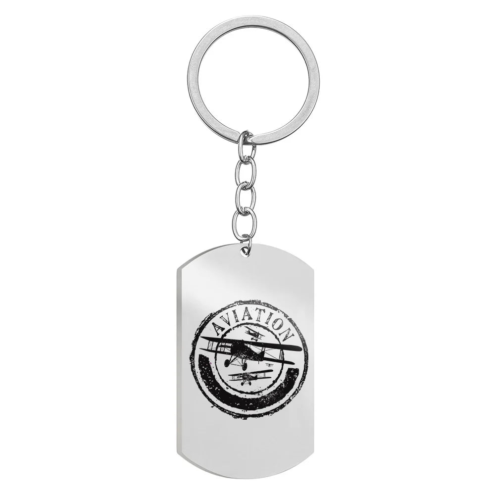 Side view of Aviation Lovers Stainless Steel Key Chains (Double Side) aviation double-side stainless steel key chain in stain.