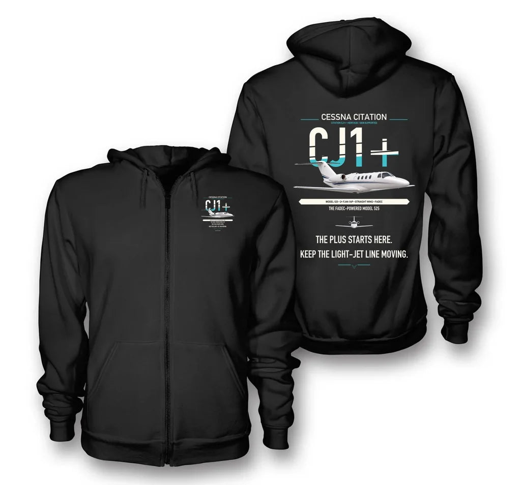 Cessna Citation CJ1+ design on black premium zipped hoodie, double-side print