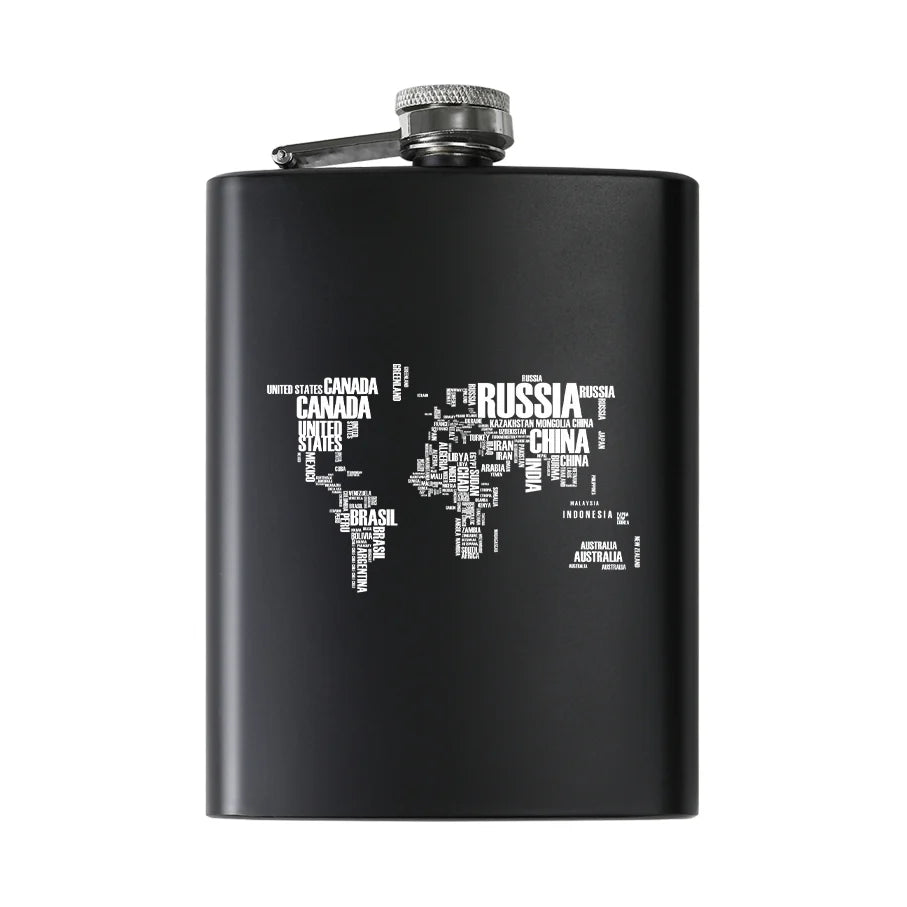 World Map (Text) aviation design on stainless hip flask, compact pocket-size flask.