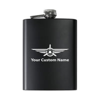 Thumbnail for Custom Name (Badge 3) aviation design on stainless hip flask, compact pocket-size flask.