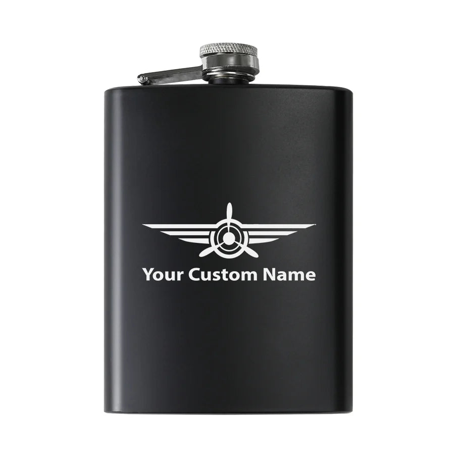 Custom Name (Badge 3) aviation design on stainless hip flask, compact pocket-size flask.