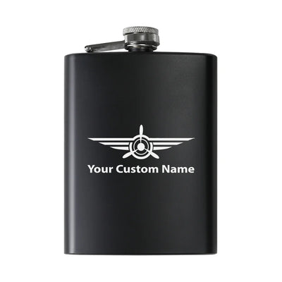 Custom Name (Badge 3) aviation design on stainless hip flask, compact pocket-size flask.