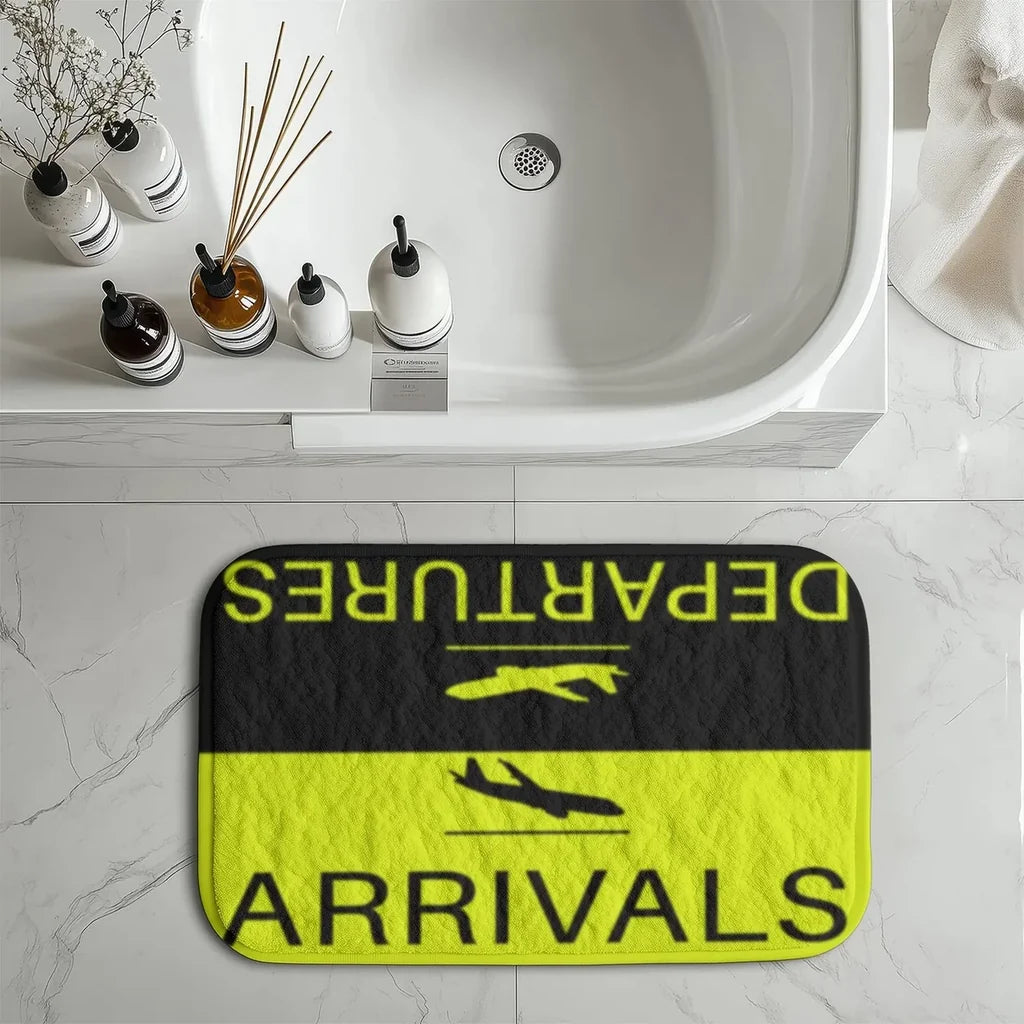 Departure and Arrivals (Yellow) aviation print bath mat, soft absorbent fabric with non-slip backing.