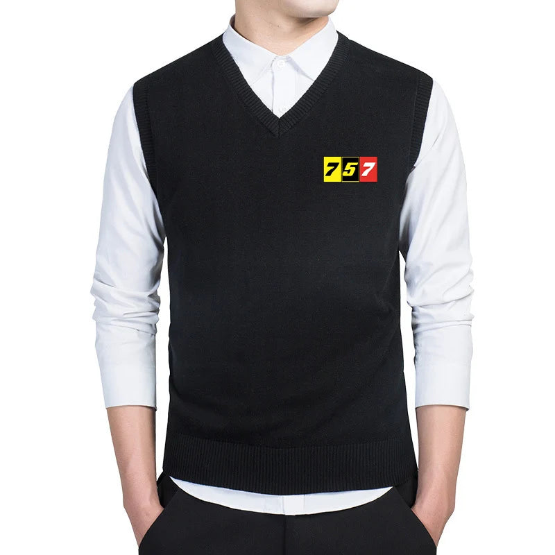 Flat Colourful 757 Sweater aviation design printed on soft knit with sleeveless v-neck sweater vest.