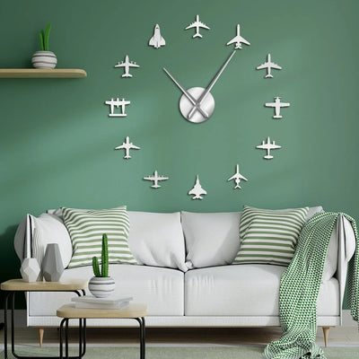 Airplane Shapes Acrylic Mirror Effect aviation design on premium wood and metal wall clock.