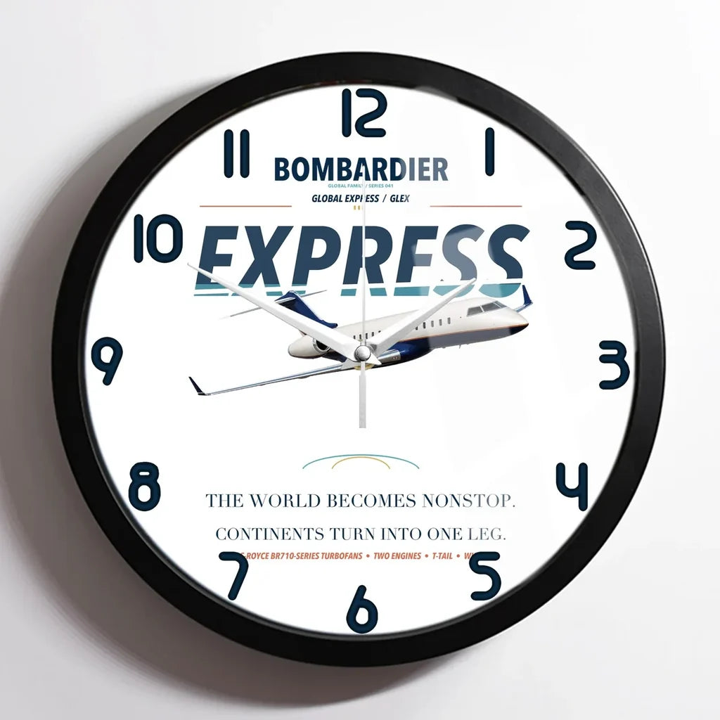 Bombardier Global Express design on white framed wall clock