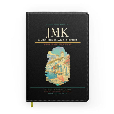 Mykonos Island Airport (JMK) design on black notebook