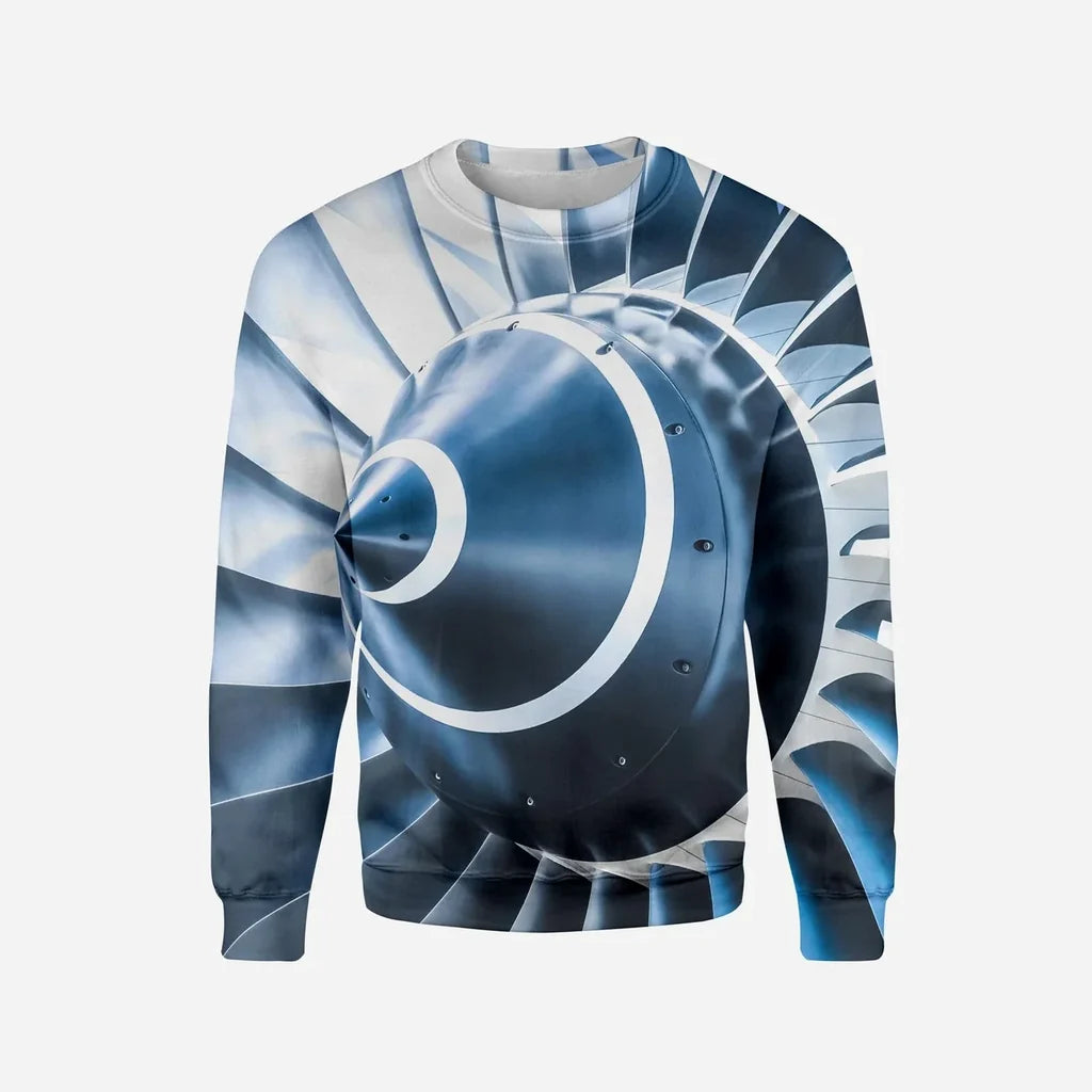 Blue Toned Super Jet Engine Blades Closeup Printed aviation design printed on soft cotton blend 3D sweatshirt.