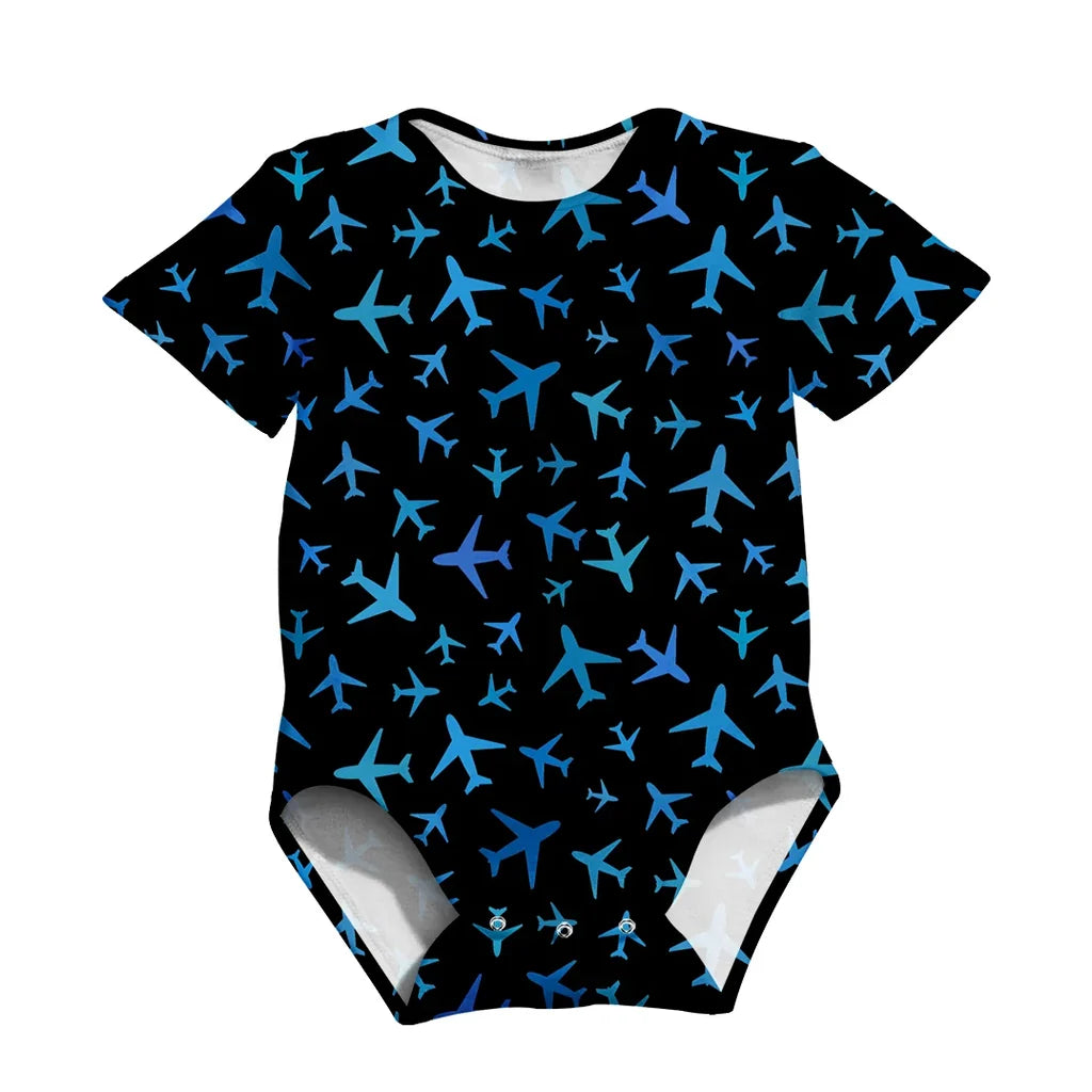 Many Airplanes Black aviation design on gentle cotton 3D-printed baby bodysuit.