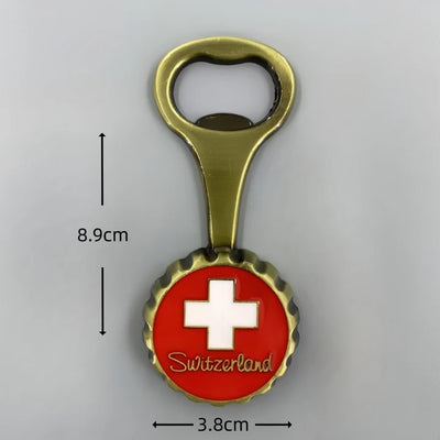 Swiss Flag Bottle Opener 3D Metal Fridge aviation design 3D metal magnet sticker in 3D metal with magnetic back.