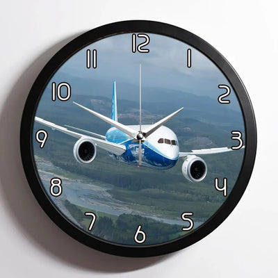 Cruising Boeing 787 aviation design on premium wood and metal wall clock.