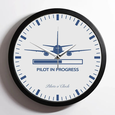 Pilot In Progress aviation design on premium wood and metal wall clock.
