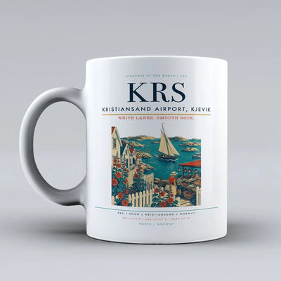 Kristiansand Airport, Kjevik (KRS) airport code design on white ceramic mug